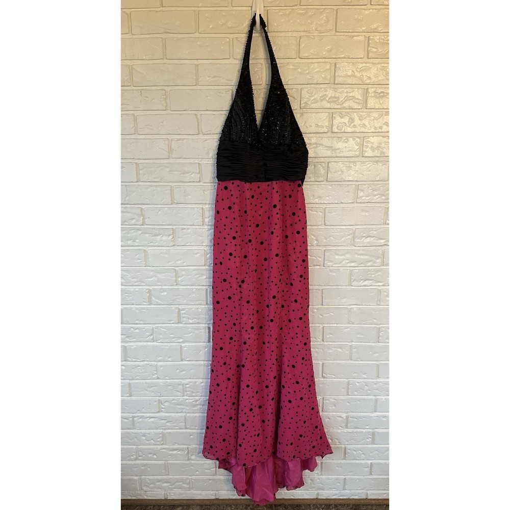 Tiffany Designs Size 10 Hot Pink Black Polka Dot‎ Beaded Halter Prom Gown Y2K